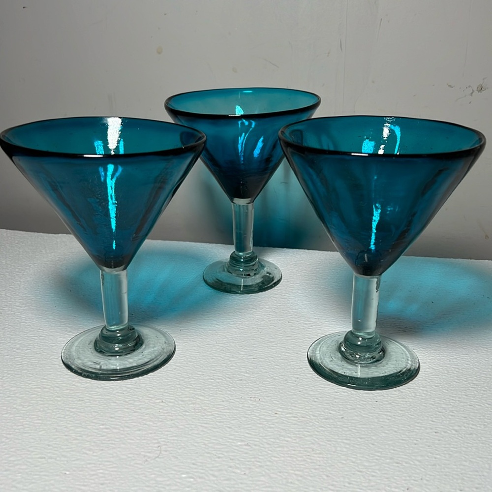 Large Hand Blown Colored Glass Stemware Set of 3